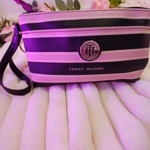 Tommy Hilfiger Black and Pink Striped Wristlet